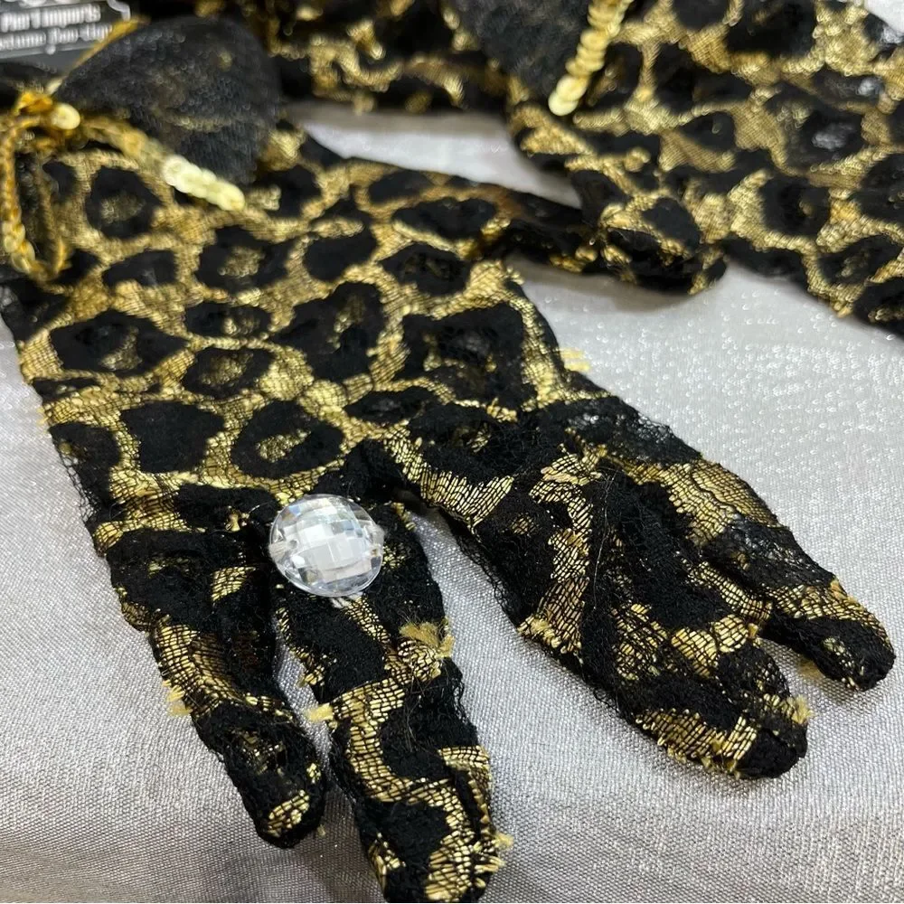 Pier 1 Imports Leopard Print Lace Gloves with Gold Accent Bows and Bling